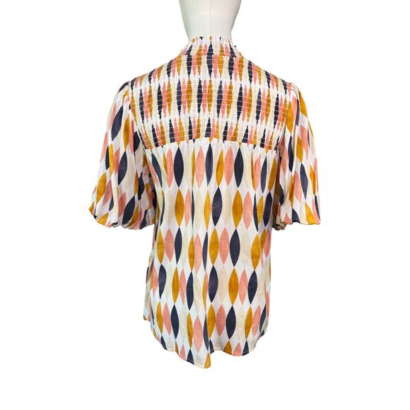 THML Smocked Neck Geometric Print Puff Sleeve Blouse Size S 100% Rayon - Picture 5 of 9